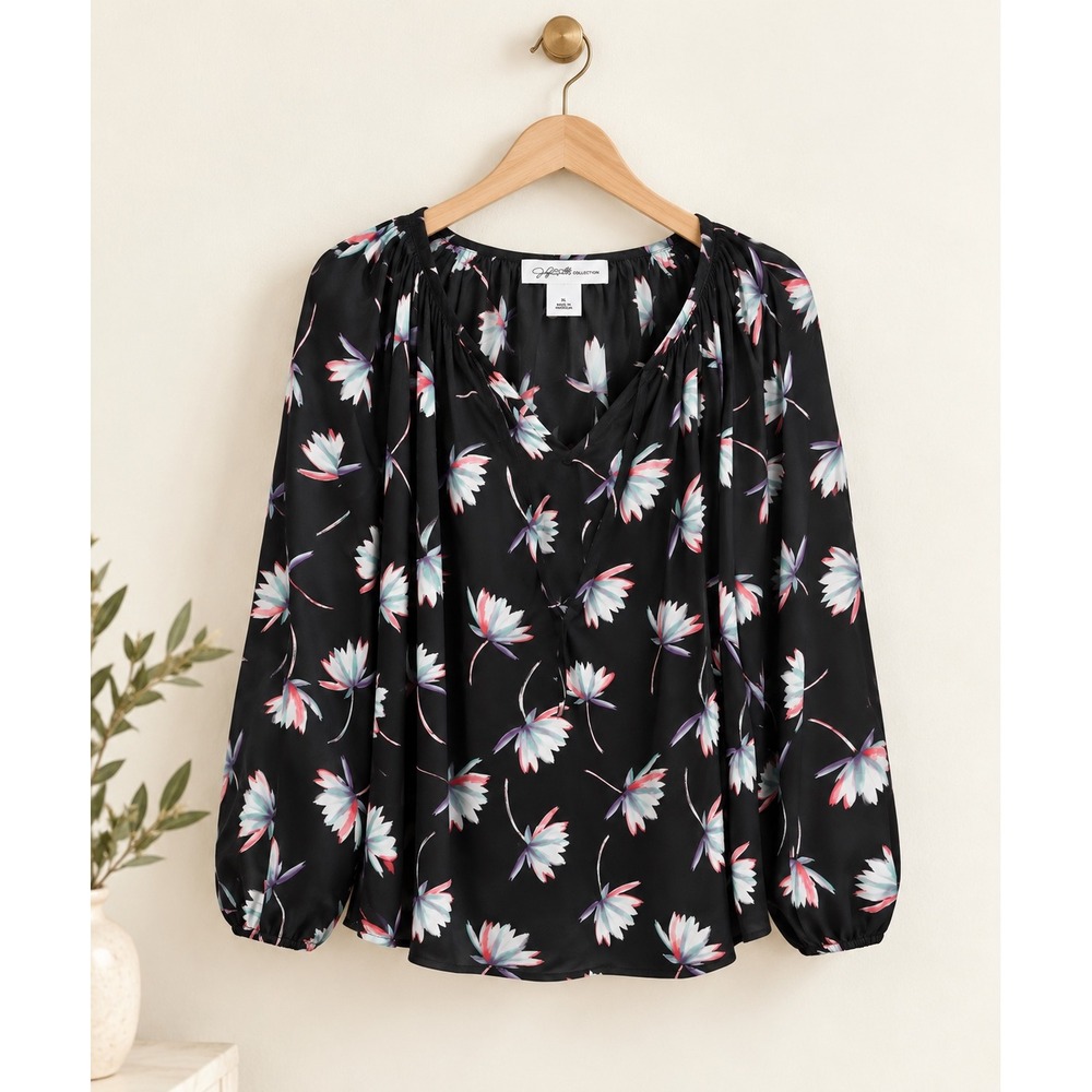 Jaclyn Smith Collection Black Floral V-Neck Tie Peasant Blouse Top Womens XL